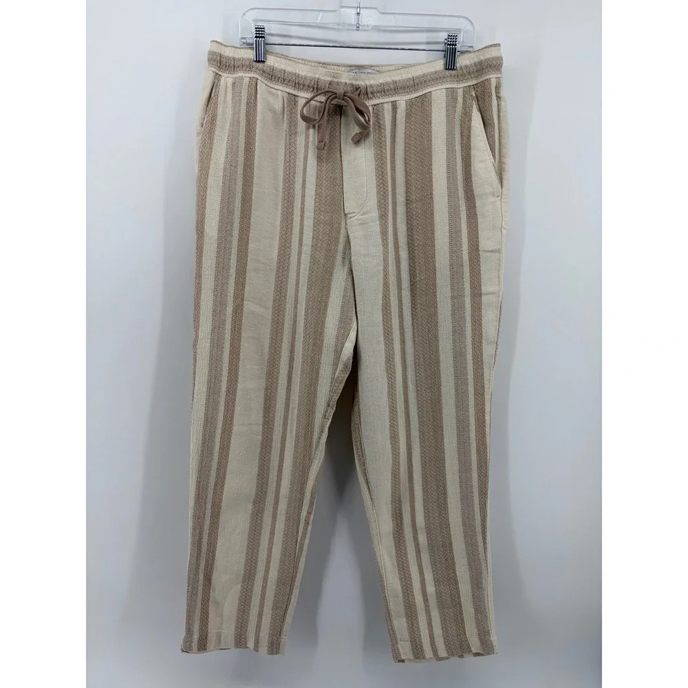 Zara Womens XL Tan Cream Striped Textured Drawstring Tapered Pants